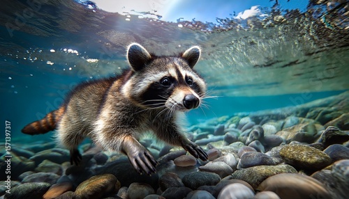 underwater close up of a raccoon exploring rocky riverbed showcasing its curious nature and surroundings