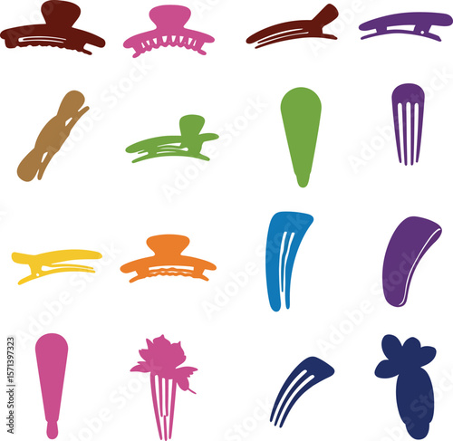Hair Clips and Accessories Silhouette Vector Icon Set. Fashionable Hairpins, Claws, & Barrettes for Beauty, Style, and Hair Care Designs.