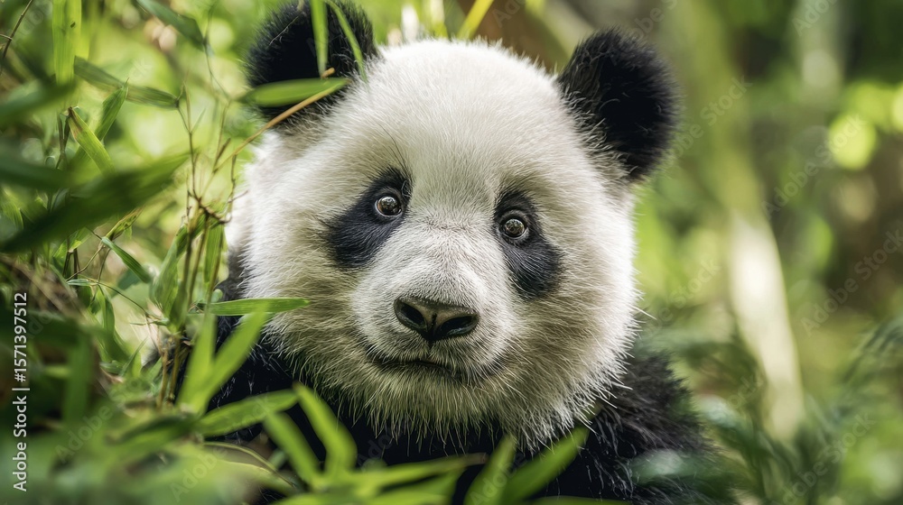 Obraz premium Close-up of a gentle giant panda among lush green bamboo with detailed fur