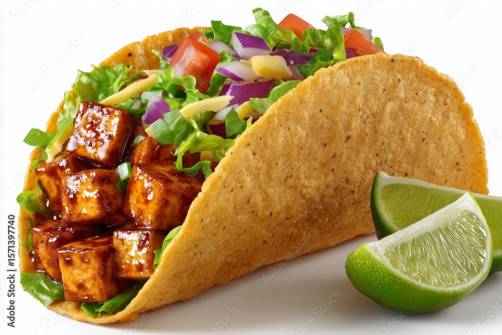 Delicious tofu taco fusion garnished with fresh vegetables and lime wedges served on a white background showcasing culinary creativity Delicious tofu taco fusion garnished with fresh vegetables and lime wedges served on a white background showcasing culinary creativity
