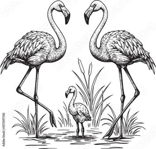 Flamingo family with baby and reeds hand drawn illustration  