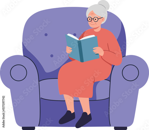 Elderly woman reading book while seated on comfortable purple armchair in calm indoor setting