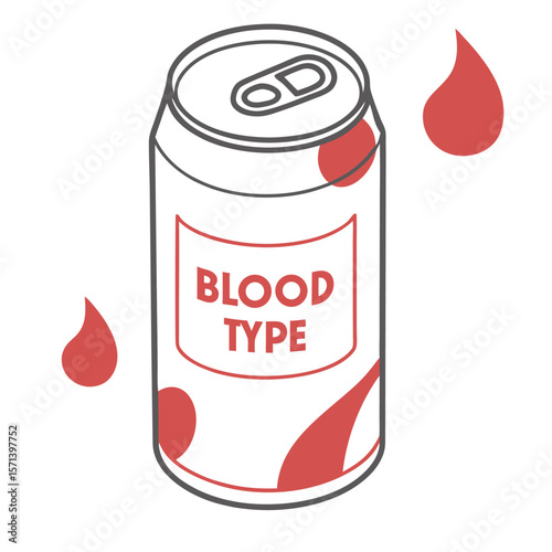 Illustration of a soda can with the words blood type on it and blood drops around the can design