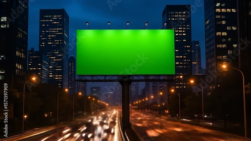 Green Billboard in Cityscape at Night,timelapse