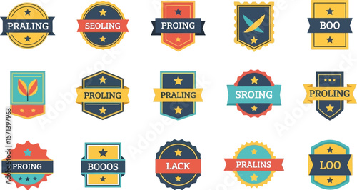 Collection of fifteen colorful badges with text and star decorations