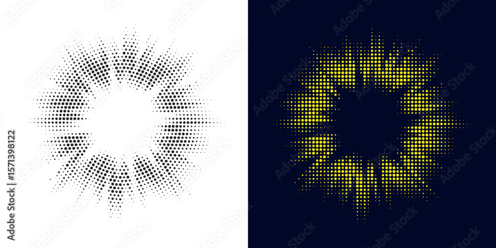 Set of black halftone grunge circle. Vector modern dots halftone arts. Halftone circle frame background set. Round border Icon using halftone random circle. Grunge circular stain. Vector illustration.