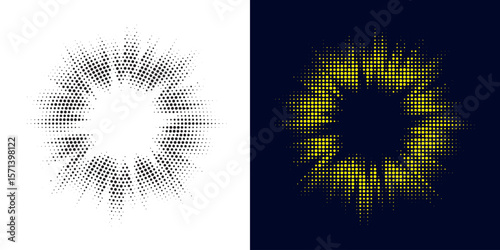 Set of black halftone grunge circle. Vector modern dots halftone arts. Halftone circle frame background set. Round border Icon using halftone random circle. Grunge circular stain. Vector illustration.