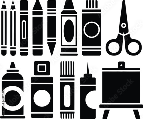 Minimalist Black-and-White Illustration of Art Supplies Featuring Silhouetted Drawing, Coloring, and Painting Tools in a Stylized Layout