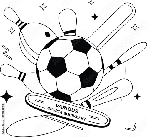 Bold Monochrome Sports Equipment Illustration Featuring Balls, Bats, Pins, and Sticks for Athletic Theme Packs and Leisure Designs