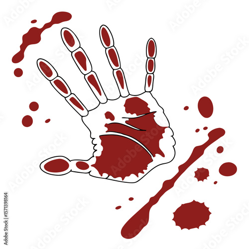 Illustration of a bloody handprint with splatters and drips on a white background surface art horror