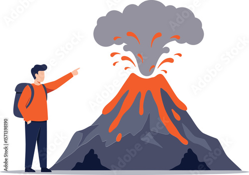 Man observing erupting volcano with flowing lava and smoke in natural landscape scene