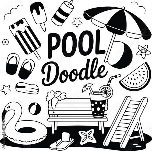 Playful Black-and-White Poolside Doodle Illustration Featuring “POOL Doodle” Surrounded by Summer Symbols and Leisure Elements
