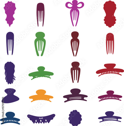 Hair Clips and Accessories Silhouette Vector Icon Set. Fashionable Hairpins, Claws, & Barrettes for Beauty, Style, and Hair Care Designs.