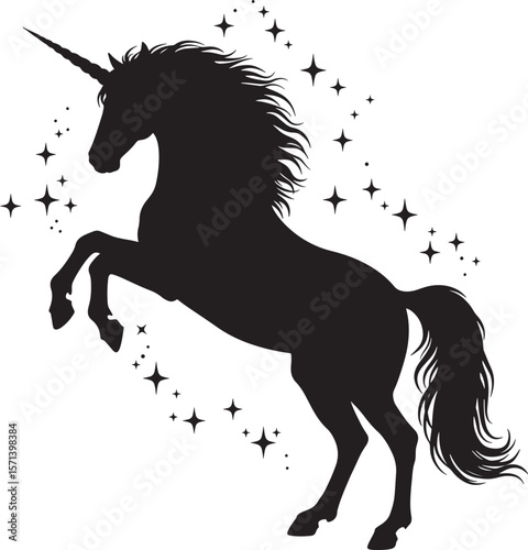 Unicorn rearing with sparkling stars black silhouette