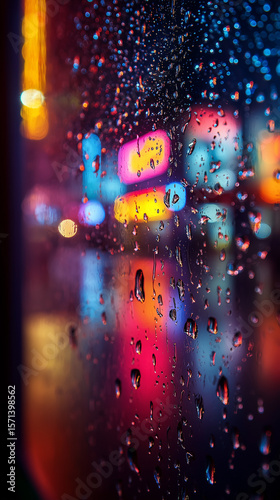  water droplets on glass surface reflecting vibrant city lights at night, bokeh in background, neon signs blurred in reflections, deep shadows and glowing highlights