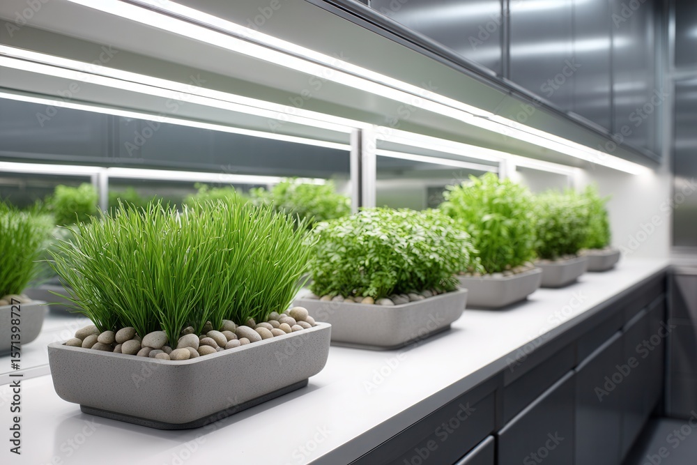 Fototapeta premium Modern kitchen herb garden with fresh greenery and stone accents.