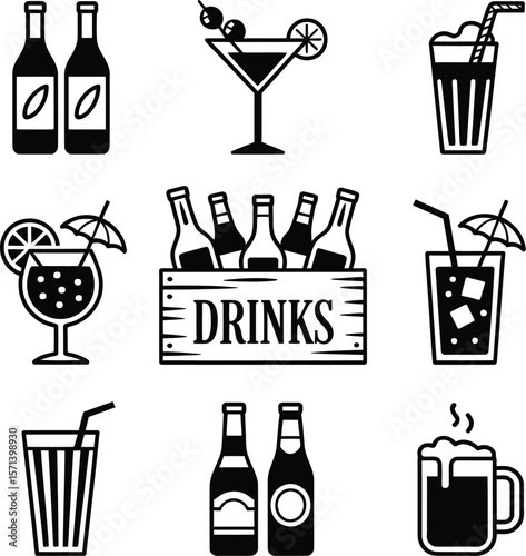 Monochromatic Beverage Icon Set Featuring Cocktail Glasses, Bottled Drinks, and Refreshment Containers in a Grid Layout