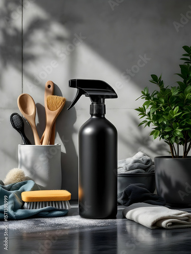 A black spray bottle with cleaning tools and a plant on a dark surface, creating a clean and modern aesthetic.