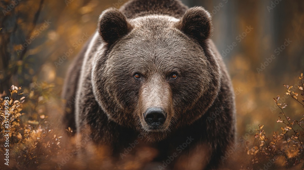 Fototapeta premium Close-up of a powerful brown bear standing in a lush forest clearing with autumn leaves