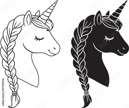 Unicorn head with braided mane black and white vector