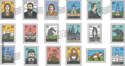 Collection of postage stamps featuring portraits and landmarks designs