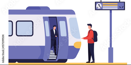 Passenger boarding modern train at station platform with timetable display urban commuting scene