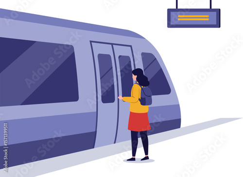 Woman waiting for blue train at platform with digital sign in minimalistic style illustration