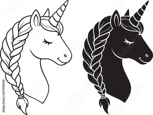 Unicorn head with braided mane black and white vector  