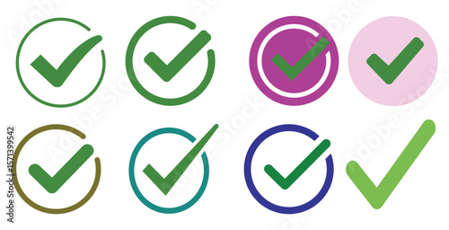 A simple and clean vector set of green tick icons enclosed in circles. Designed in a minimal style, these checkmark symbols are perfect for interfaces, confirmations, approvals, and success indicators