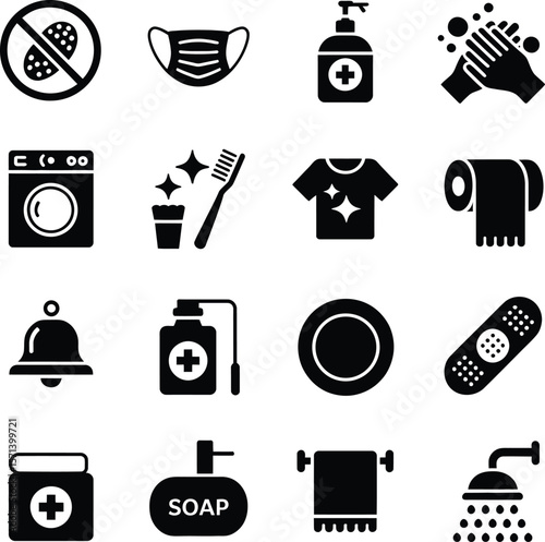 Icon-Based Hygiene and Cleanliness Set Featuring Soap, Sanitizer, Showerhead, Clean Clothes, and Health Safety Motifs in a Monochromatic Style