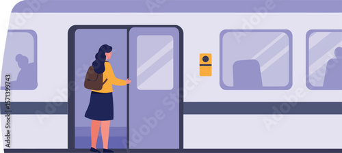 Woman entering modern train carriage platform public transport commuting travel scene urban lifestyle illustration
