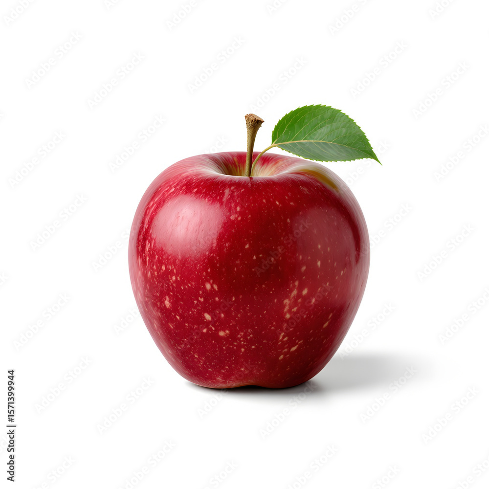 Fresh Red Apple with Green Leaf and Brown Stem Isolated on White Background – Glossy Ripe Fruit with Light Speckles for Food, Health, and Poster Creation Fresh Red Apple with Green Leaf and Brown Stem Isolated on White Background – Glossy Ripe Fruit with Light Speckles for Food, Health, and Poster Creation