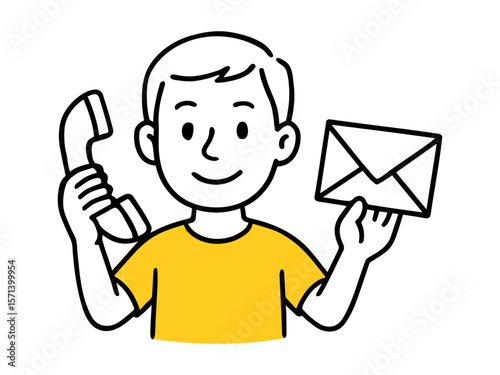 Boy Holding Telephone Receiver and Email Envelope Icon. Communication Concept for Customer Support or Contact Us Page Hand-Drawn Vector Illustration