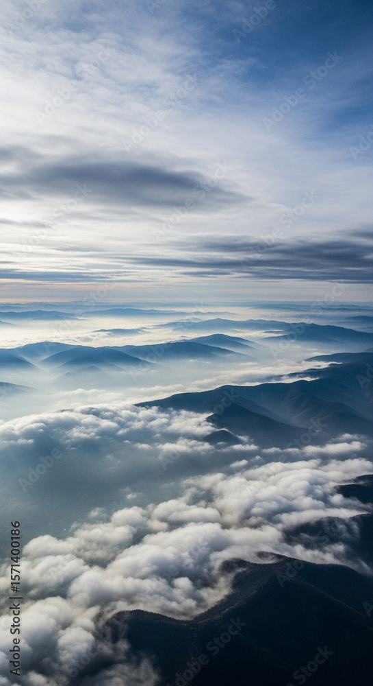 Naklejka premium Aerial view of misty mountains above clouds. Peaceful aerial scene of cloud-covered mountain peaks. 