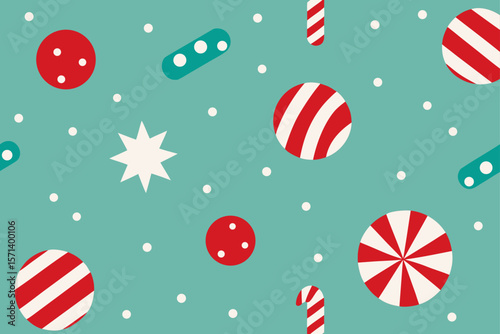 Xmas Pattern With Striped Candy Snow Dots And Stars