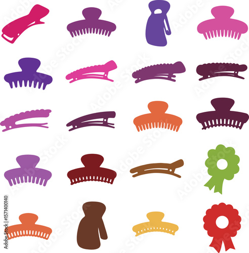 Hair Clips and Accessories Silhouette Vector Icon Set. Fashionable Hairpins, Claws, & Barrettes for Beauty, Style, and Hair Care Designs.