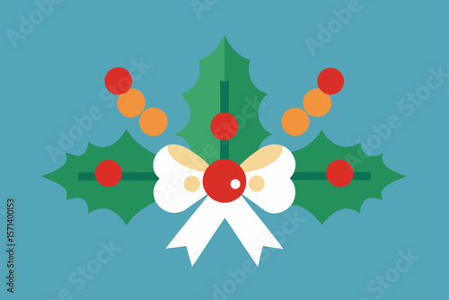 Winter Flat Design With Tree Decorations Holly Berries And Snowflakes