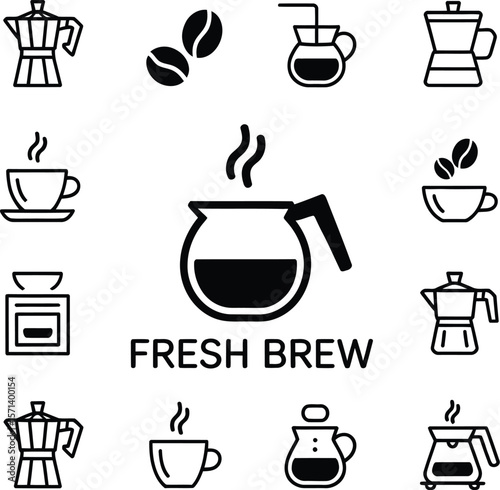 Stylized Icon Illustration Featuring Coffee Brewing Tools and Consumption Symbols with Central “FRESH BREW” Label in Monochrome Theme