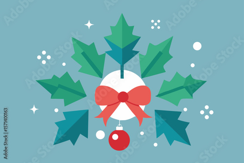 Winter Flat Design With Tree Decorations Holly Berries And Snowflakes