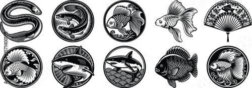 Fish Silhouette Vector Set – Swimming and Static Fish vector design – Black Marine Animal Illustrations on Transparent Background