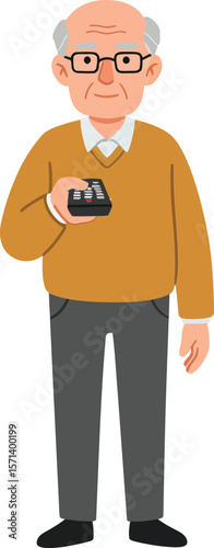 Elderly man with white beard wearing glasses and brown sweater holding smartphone standing isolated on white background