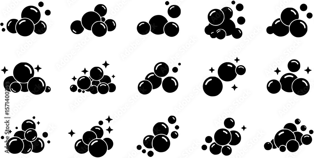 Fototapeta premium soap bubbles solid icon. set of soapy air bubbles floating, water bubbles in different arrangements silhouette symbol. isolated vector illustration
