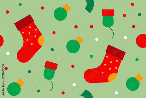 Pattern With Red And Green Stockings Baubles And Christmas Decorations