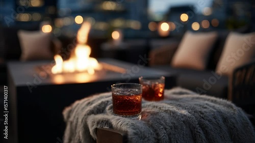 Enjoy a cozy evening atmosphere featuring cocktails placed on a soft blanket by a glowing fire pit.