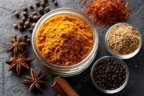 Assorted spices on slate surface featuring turmeric and star anise.