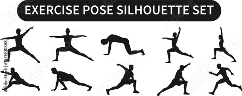 Exercise Pose Silhouette Vector Set – Fitness, Workout, Yoga, and Gym Body Positions – Black Vector design on Transparent Background
