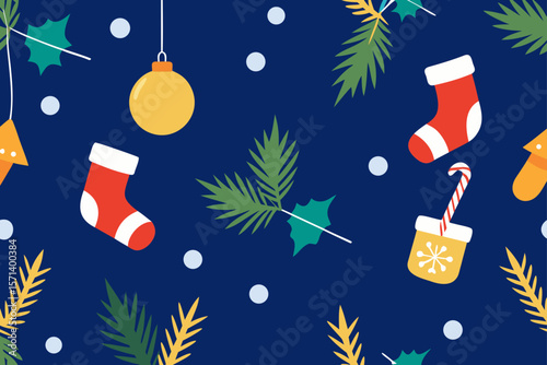 Christmas Seamless Pattern With Fir Branches Candies And Decorations