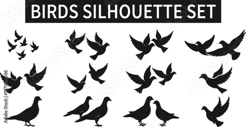 Bird Silhouettes Vector Set – Flying, Perching & Standing Birds – Black Animal vector on Transparent Background