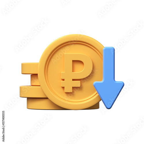 3D golden ruble coin icon with down arrow