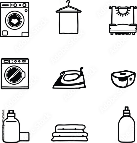 Minimalist Icon Collection Depicting Essential Laundry and Cleaning Items for Domestic Hygiene and Homecare Services